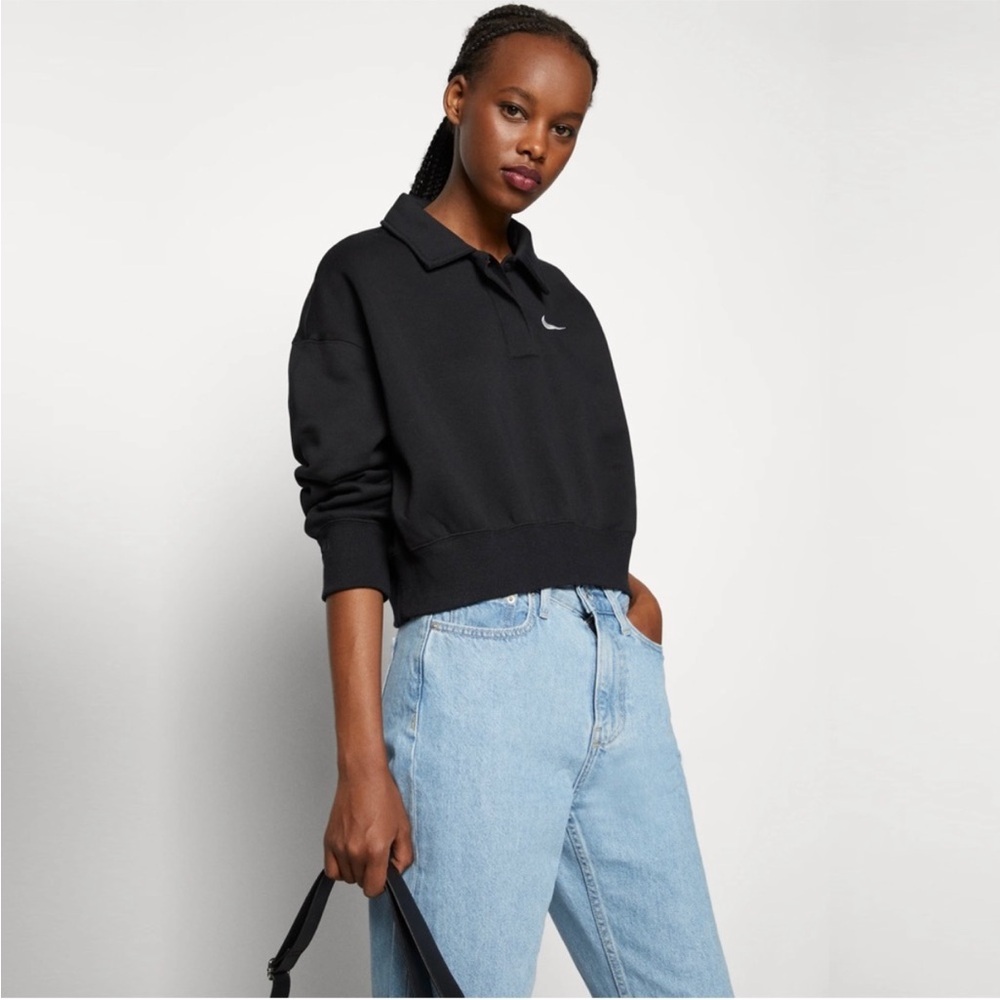 New Nike Phoenix Fleece three quarter Sleeve Crop Polo Sweatshirt - Womens XS - Picture 2 of 10